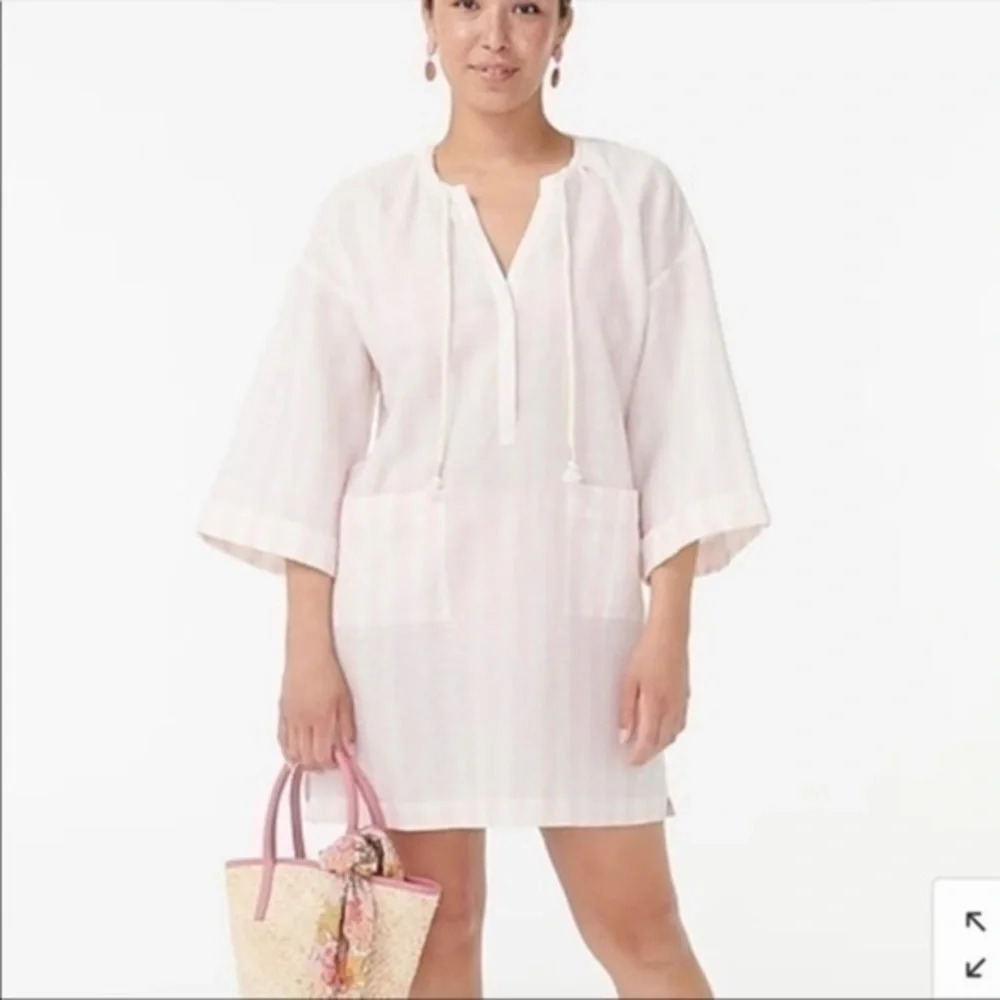 J Crew Cotton Linen V Neck Beach Tunic Pink Stripes